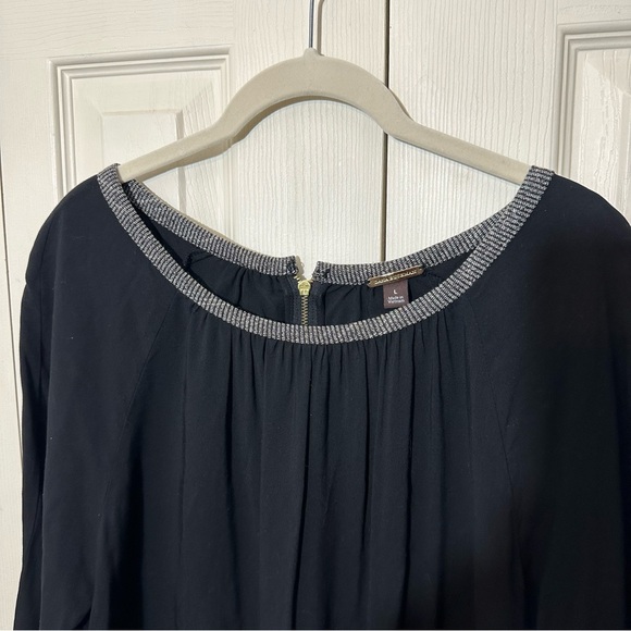 Dana Buchman Women’s Size L Knit Lined Black Pleated Crewneck Blouse Back Zipper - Picture 2 of 8